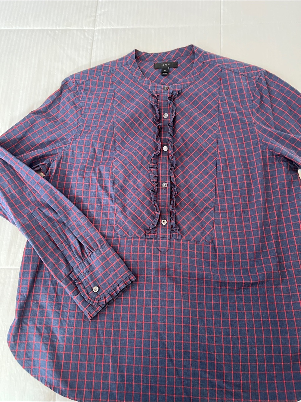 J. Crew Navy and Red Grid-Check Ruffle Placket Shirt